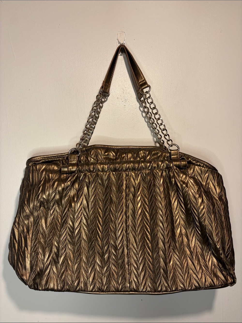 Charming Charlie Gold Bronze Textured Large Shoulder Bag Chain Link Straps